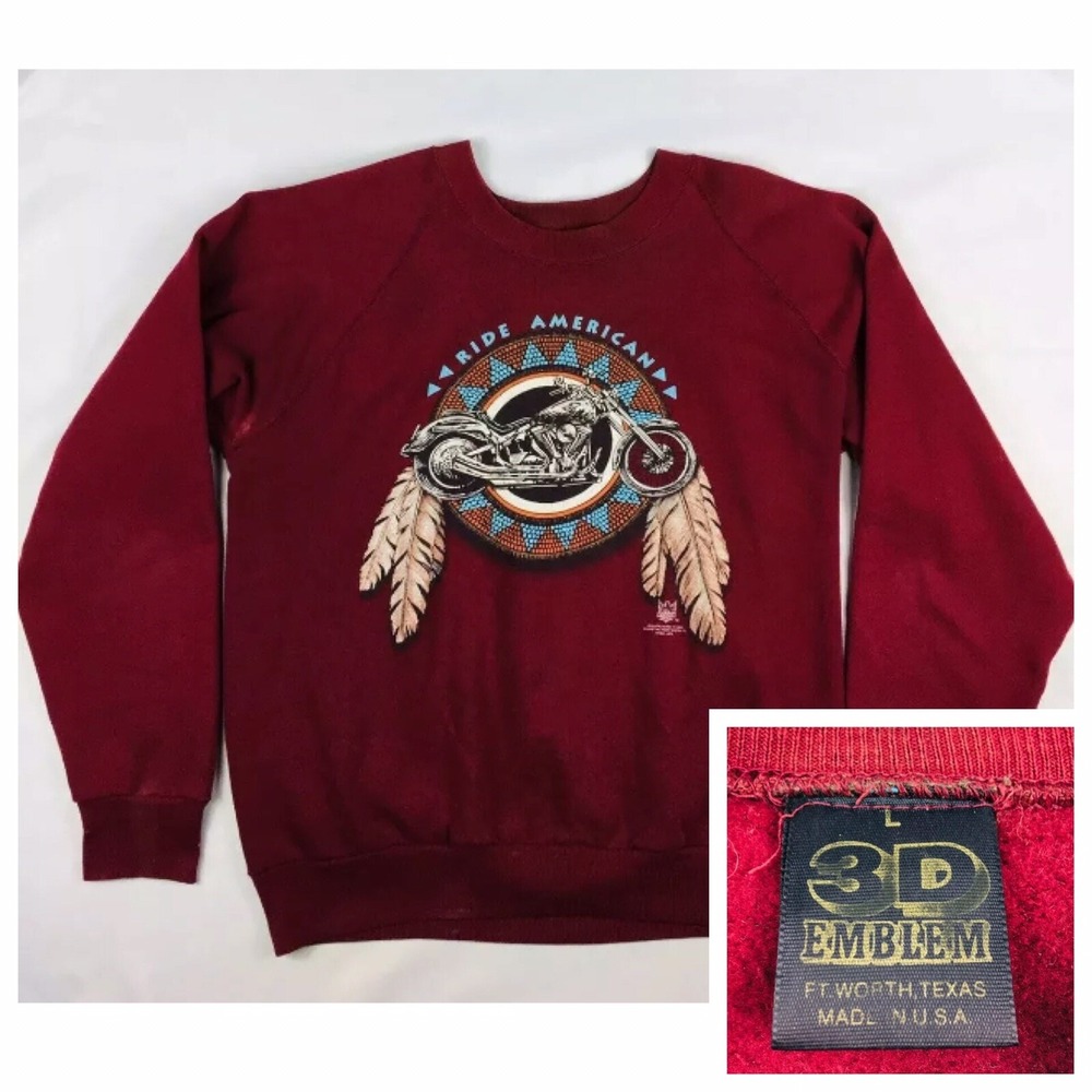 Harley Davidson 3D Emblem American Biker Maroon Crewneck Sweater 1983 Mens M